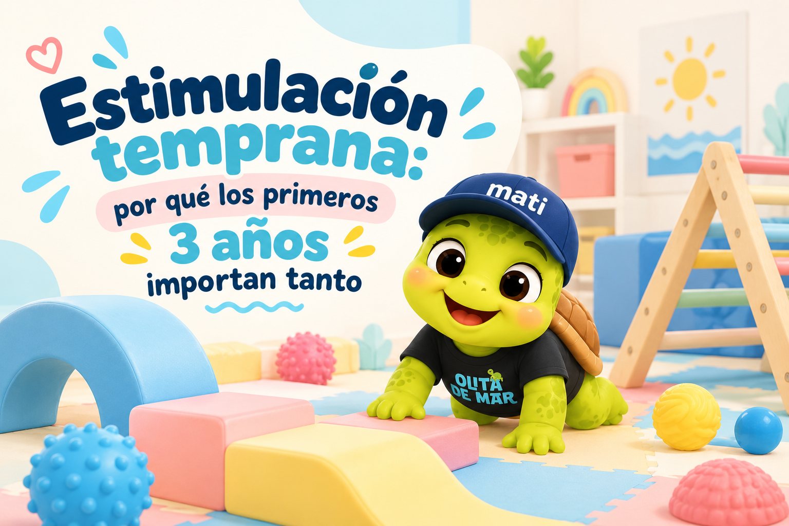 Mati gateando en un área de estimulación con bloques de foam y triángulo Pikler